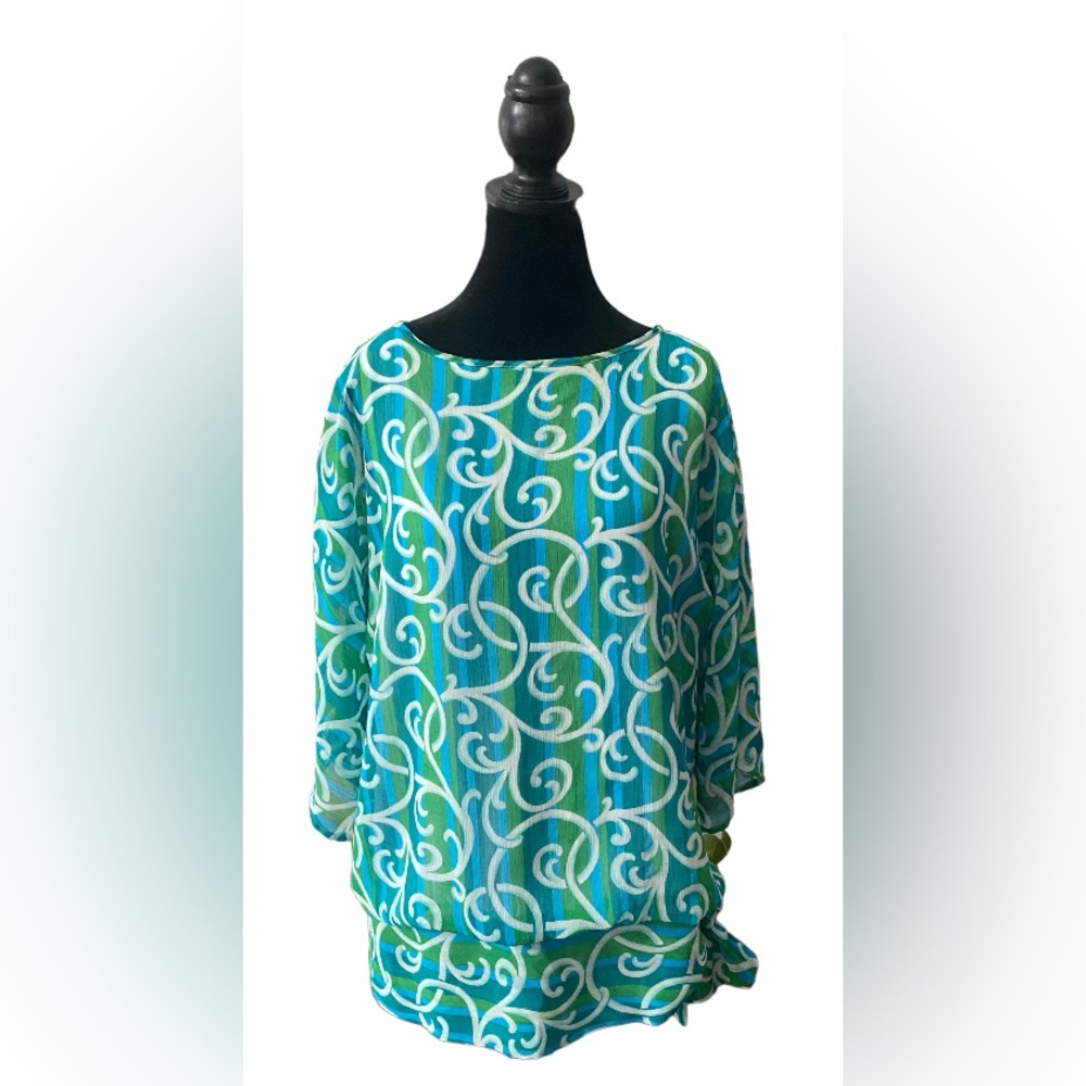 Bob Mackie: Green, Blue and White Relaxed Fit Blouse with Tie